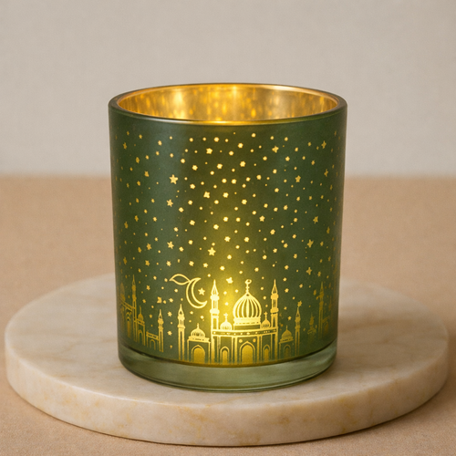 Greeen Silver Finish Ramadan Candle Jar 200ML - Glass Tea Light Holder