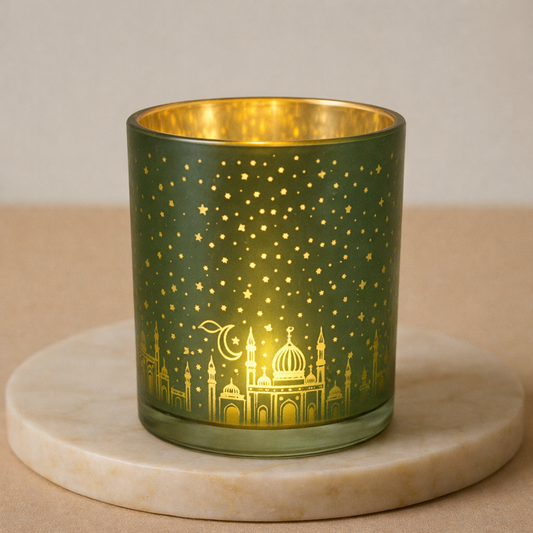 Greeen Silver Finish Ramadan Candle Jar 200ML - Glass Tea Light Holder